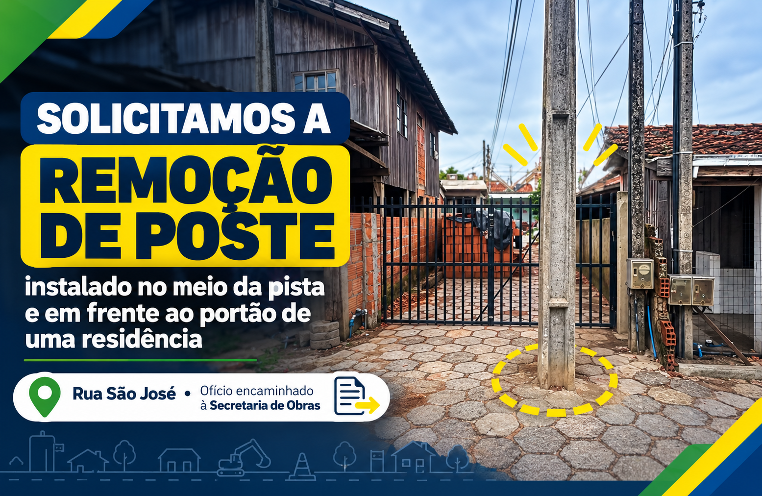 Solicitamos a realocação de poste que bloqueia via e garagem no Bairro da Praça